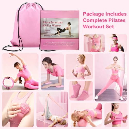 Pilates Equipment Set for Home Workouts –15in1 Home Pilates Kit with Ring and Ball Set, Resistance Bands, Pilates Yoga,Core Sliders & Ankle Weights, Pilates Essentials Kit - color: pink