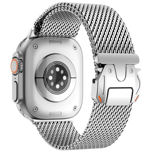 WINGLE Milanese Loop for Apple Watch Band Ultra 3/2/1 Band Ultra 49mm Series 11 10 46mm 45mm 44mm SE 3/2/1 Series 9 8 7 6 5 4 3 Men Women,Parachute-Style Buckle Stainless Steel Mesh Metal iWatch Bands - color: Silver