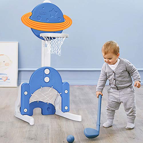 Costzon Kids Basketball Hoop, Toddler Sports Activity Center w/ 5 Adjustable Height Levels, Basketball Soccer Golf Game Set, Indoor Outdoor Basketball Hoop Set Gift for Baby Infant - color: Blue Galaxy, size: 22.5" x 22.5" x 59.5''(L X W X H)