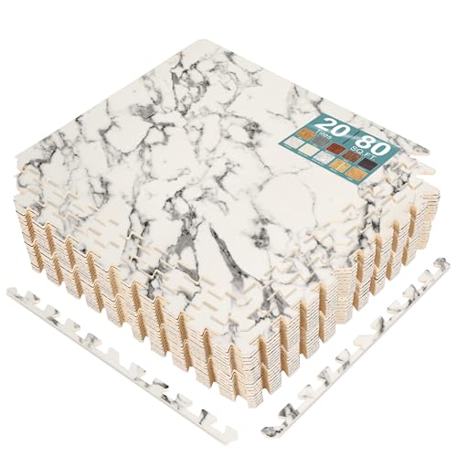 Sorbus 80 Sq. Ft. Wood Grain Floor Tiles Foam Mat EVA Interlocking Mats Tile 3/8-Inch Thick Flooring Wood Puzzle Exercise Mats w/Borders - Home Playroom Basement, Apartment, Trade Show, Baby, Dance - color: White Marble, size: 20 Pack