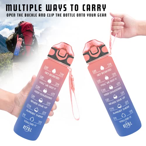 Enerbone 32 oz Drinking Water Bottle with Times to Drink and Straw, Motivational with Carrying Strap, Leakproof BPA & Toxic Free, Ensure You Drink Enough Water for Fitness Gym Outdoor - color: Pink-Blue
