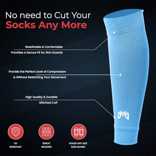 MediCaptain Pre Cut Soccer Sock Sleeves, Companion for Soccer Grip Socks, Securely Holds Shin Guards, Compression Leg Warmer - color: Sky Blue