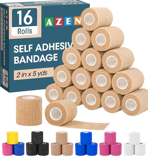 AZEN 16 Pack Self Adhesive Bandage Wrap, 2" X 5 Yards Elastic Cohesive Bandage Wrap, Skin Color Athletic Tape, Vet Wrap, Ankle Tape, Tattoo Grip Tape Wrap - color: Beige, size: 2 Inch
