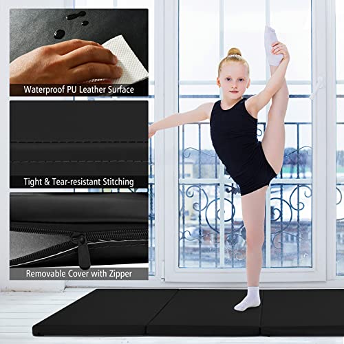 Goplus Gymnastics Mat, Folding Tumbling Mat with Carry Handles, Hook & Loop Fasteners, 4 Panels for Fitness Exercise Yoga Stretching Aerobics Workouts, Thick Gym Mats for Home - color: Black 1