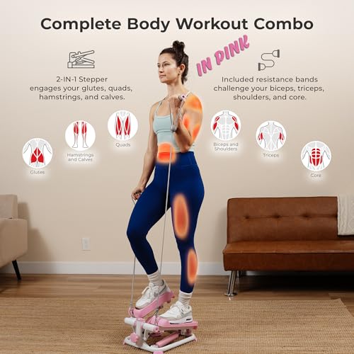 Sunny Health & Fitness Mini Steppers for Exercise at Home, Stair Step Workout Machine with Resistance Bands, Full Body Cardio Equipment, Optional Free SunnyFit App Connection Smart Stepper - color: Pink