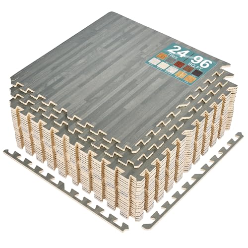 Sorbus Wood Grain Floor Tiles Foam Mat EVA Interlocking Mats Tile 3/8-Inch Thick Flooring Wood Puzzle Exercise Mats w/Borders - Home Playroom Basement, Apartment, Trade Show, Baby, Dance - color: Grey, size: 24 Pack