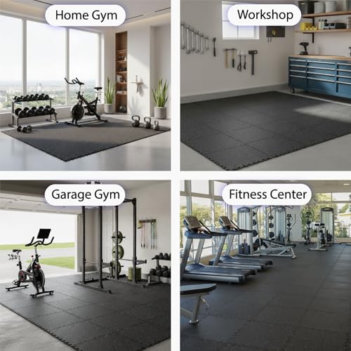 AIRHOP 1'' Ultra-Thick 48 Sq Ft Rubber Top Gym Flooring for Home Gym | 12 Tiles, High Density EVA Foam, Waterproof & Non-Slip Rubber, Interlocking Puzzle Mats, Heavy Duty Floor Protection, 24"x24" - color: Black/Blue, size: 48 Sq Ft (12 Tiles)
