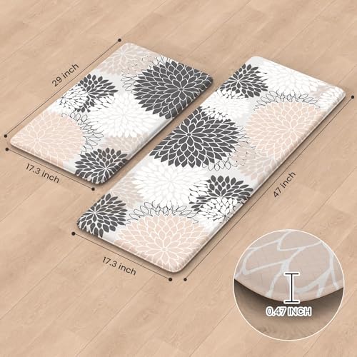 Kitchen Rugs and Mats Cushioned Anti Fatigue Kitchen Mat 2PCS Non-Skid Waterproof Boho Kitchen Runner Rug Comfort Foam Standing Mat for Office,Laundry,Kitchen Sink,Grey Floral - color: Pink/Grey, size: 17.3" x 47 "+ 17.3" x 29 "--0.47 inches