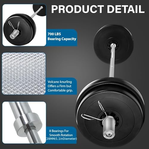 7ft Olympic Barbell for Strength and Weightlifting Training - 2 Inch Diameter Olympic Bar for Squat, Deadlift, Curl, Bench Press, Overhead Press - 700lbs Capacity with 2 Collars, Chrome