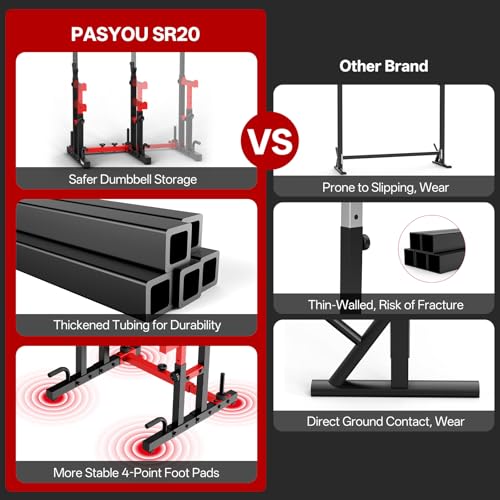 PASYOU Adjustable Squat Power Rack for Home Gym | Adjustable Free Weight Racks, Dual Steel Frame, Push-up Handles, with Dumbbell Storage, Heavy Strength Training for Home Gym - color: Red