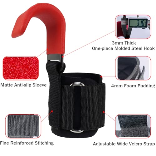 Weight Lifting Hooks With Wrist Straps For Deadlifts & Pull Ups | 3mm Steel Hooks, Rubber Coated Grip, 4mm Neoprene Padding, Deadlifts, Rows, Pull Ups & Shrugs - color: Red