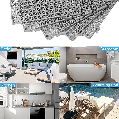 12” x 12” Drainage Interlocking Floor Tiles, 12 Pack Non-Slip Pool Deck Drain Mats for Flooring, Soft PVC Splicing Modular Cushion Mats, Rubber Floor Tiles with Holes for Shower Basement Garage Shed - size: Grey