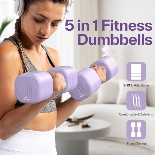 Adjustable Dumbbell Set of 2: Sportneer 4 in 1 Free Weights Dumbbells Set for Women, Hand Weights for Women at Home, Available in 5 lb × 2 and 10 lb × 2 Sets with Soft Rubber Handle for Home Gym Exercise Training - color: Aura Lavender, size: 10lb × 2