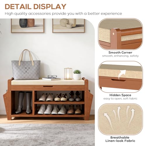 oakvivo 47.2in Shoe Bench Entryway - Bamboo Shoe Rack Bench with Storage, Shoe Rack Organizer with Cushion, 2 Side Holder, Holds Up tp 330lbs for Front Door Entrance, Living Room - size: 47.2 inch