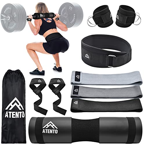 ATENTO 10Pcs Barbell Pad Set with Weight Lifting Belt, Thick Cushion Hip Thrust Pad for Bench Press, Lunges, Workout, Leg Exercise, Squat Bar Pad for Relief Pressure from Neck & Shoulder for Smith machine & Olympic Bars, with 2 Gym Ankle Straps, Hip Resis