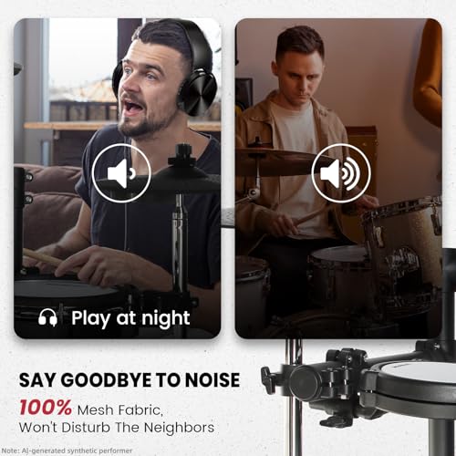 Electronic Drum Set Electric Drum Kit with 4 Quiet Mesh Pads and 6" Kick Drum, 360 Sounds, Headphones, Sticks, Dual Bluetooth function, Suit for Beginner - size: Bhp70k