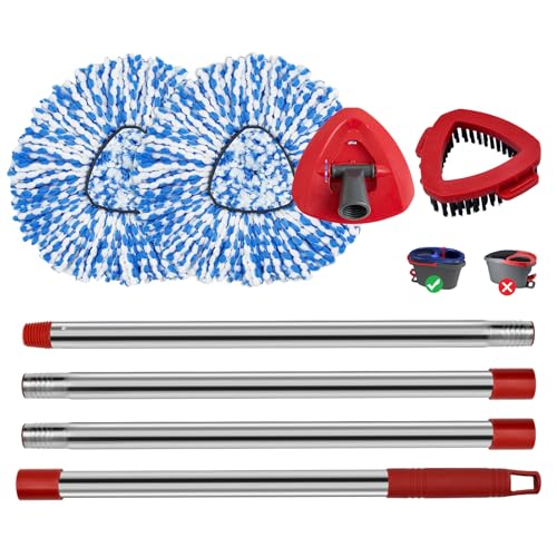 Spin Mop Handle Mop Heads and Base Replacement Sets Compatible with O Cedar EasyWring Rinseclean 2 Tank System, Flexible & Reusable(1 Sets Stainless Steel Handle & 2 Refills & 1 Base & 1 Scrub Brush) - color: 1 Sets Stainless Steel Mop Handle + 2 Blue Hea