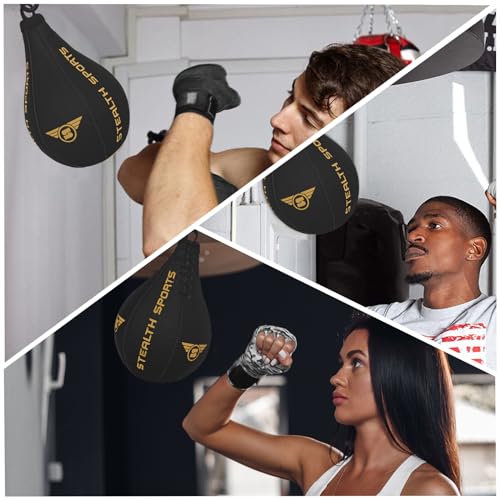 Speed Ball Boxing – MMA Speed Bag & Hanging Swivel Kit for Boxing Training – Punching Bag for Muay Thai, Kickboxing, Martial Arts, Reflex and Speed Training Striking Bag - color: Matt Black & Gold