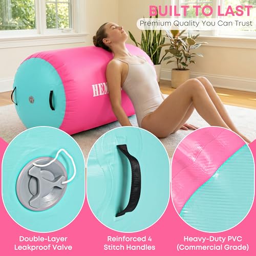 Inflatable Gymnastics Air Barrel Roller with Electric Pump, Heavy Duty PVC Tumbling Barrel Back Handspring Trainer, Air Tumble Track Mat for Home Gym, Cheerleading, Yoga Practice - color: Pink & Green, size: 3.3'L x 2.6'D