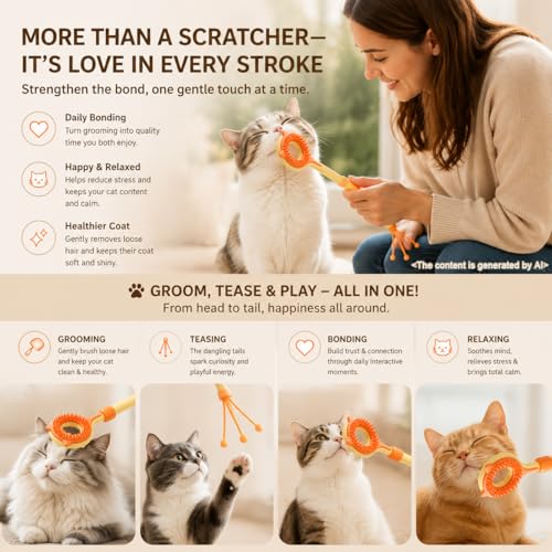 3-in-1 Cat Scratcher & Massage Stick with Teaser Tassel, Dual-Sided Grooming Brush, Handheld Tool for Loose Fur, Indoor Cats