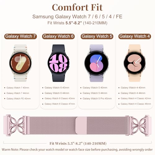 Getino Magnetic Metal Strap Compatible with Galaxy Watch 7 Band, Galaxy Watch 6 Classic Band FE 5 Pro 4 Active 2, 20mm Milanese Floral Dressy Wristband for Samsung Watch Bands Women 40mm 44mm 45mm - color: Rose Pink