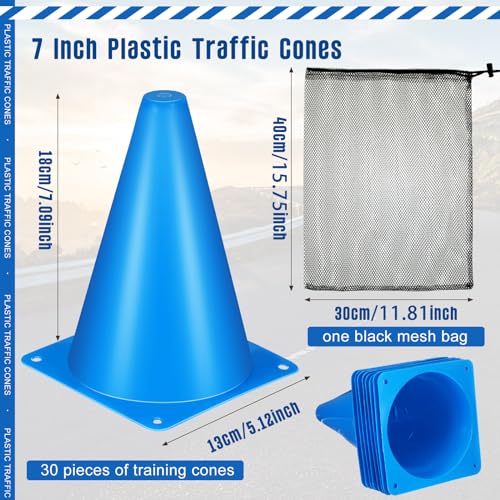 Syhood 30 Pack 7 Inch Plastic Traffic Cones Sports Training Agility Marker Mini Cones for Soccer, Skating, Football, Basketball, Indoor and Outdoor Games Sports Practice Equipment - color: Blue