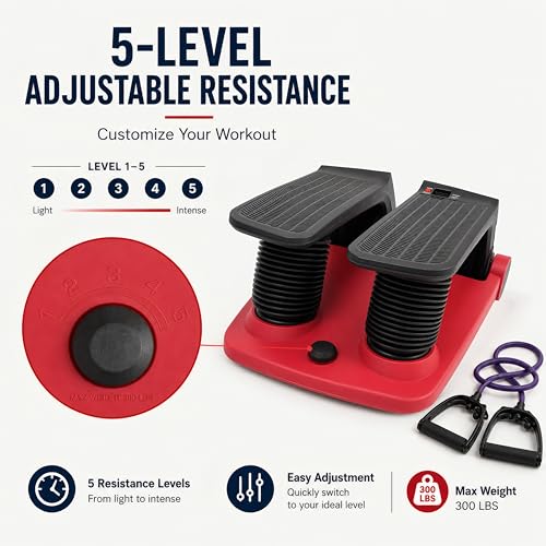 Air Stepper Exercise Machine with Resistance Bands, 5-Level Adjustable Resistance, 300 lb Capacity Stair Stepper with LED Monitor, Low-Impact Home Cardio and Full Body Workout Equipment - color: Red / Black