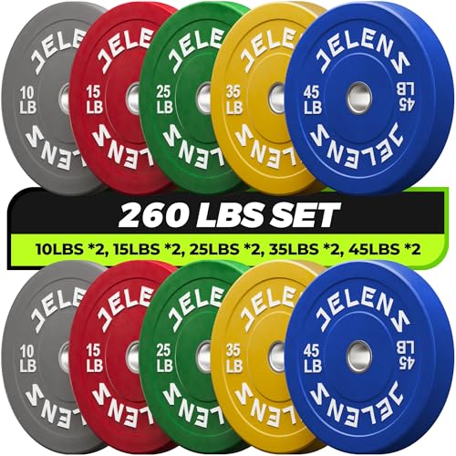 JELENS 7FT Bar Olympic Barbell, 1000lb Capacity Weight Bar for Strength Training, 2 Inch Strength Training Bar With Knurled Grip for Squats, Deadlifts, Presses, Rows, Curls - size: 7FT Olympic Barbell with 260 LB Colored Plates