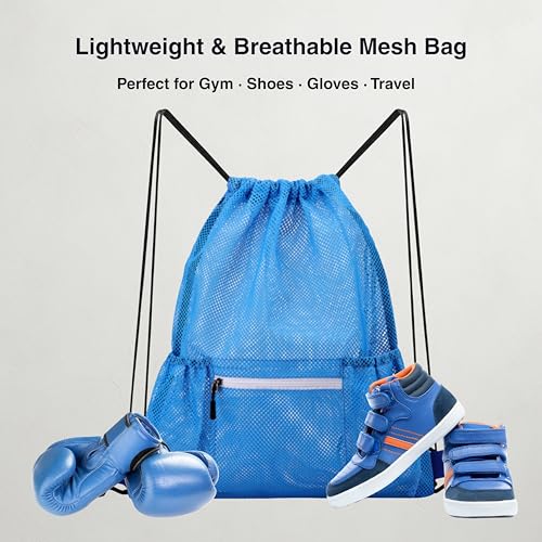Mesh Sports Drawstring Bag, Large Breathable Gym Sack for Boxing Gloves, Boxing Equipment, Shoes & Training Gear, Lightweight & Durable (Blue) - color: Blue