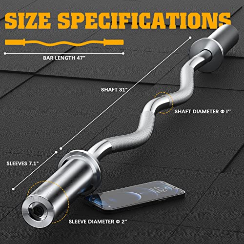 47" Olympic EZ Curl Bar for 2-inch Plates - Ez Bar - Ez Barbell Curl Bar for Weight Lifting Bicep,Hip Thrusts,Squat, with 2 Spring Collars