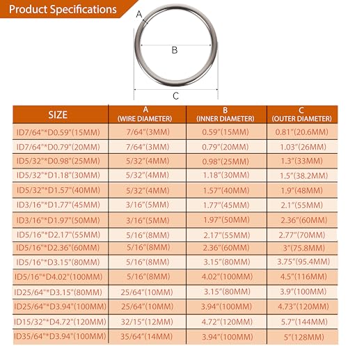 1.57 inch Metal O Rings,Stainless Steel Round Ring Buckles 5/32" Wire Diameter,metal rings for crafts,Solid Welded Loop(8, ID5/32*D1.57(40mm)) - size: ID5/32"*D1.57"(40mm)