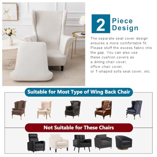NILUOH Thick Velvet Wingback Chair Slipcovers 2-Piece, Stretch Wing Chair Covers Soft Sofa Slipcover Wing Back Armchair Cover Furniture Protector for Living Room - color: Ivory White