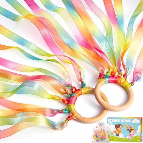 2Pcs Ribbon Hand Kites, Gymnastics Dance Ribbons,Dancing Streamer with Wood Ring for Artistic Dance, Gymnastics, Entertainment, Decoration and Party - color: Aurora Gleam