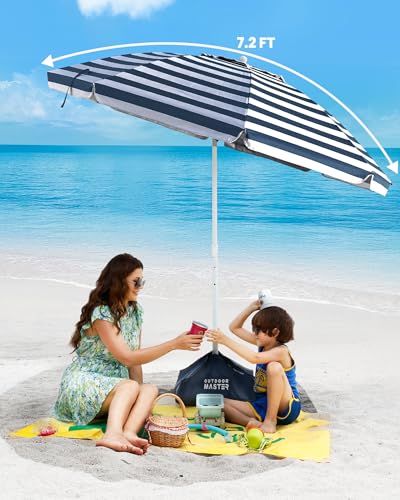 OutdoorMaster 7.2ft Beach Umbrellas for Sand with Sandbag & Anchor | 7.2ft Adjustable Umbrella for Beach, Wind Resistant, Portable UPF50+ Sunshade with Carry Bag for Patio - color: Navy Striped