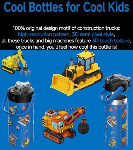 MYFOREST 14oz/400ml Insulated Kids Water Bottle, Odor-free Liner, 3D Touch | No Plastic Taste, Surgical Steel - No Chemical Leaching, Name Spot, Soft Sipper, Gift for Machine Fan, Construction Vehicles - color: Construction Vehicles