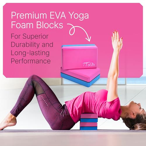 TTolbi Yoga Starter Kit - Yoga Blocks 2 Pack, Strap & 2 Knee Pad Cushions | Non-Slip EVA Foam Equipment for Stretching, Flexibility & Joint Comfort | Home Pilates Set for Beginners, Women & Men
