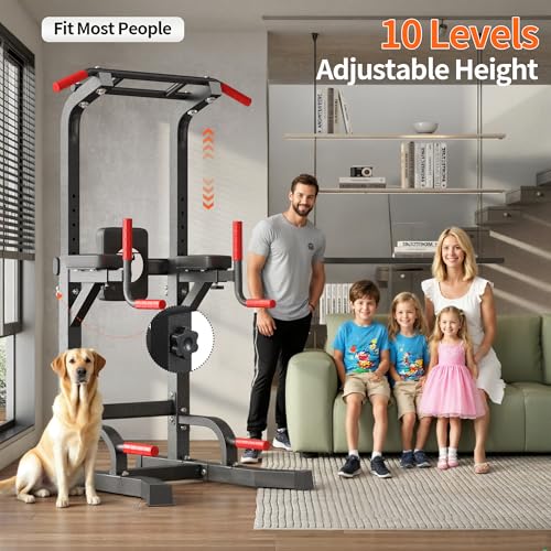 SogesHome Power Tower Pull Up Bar Dip Station for Home Gym 330LB Capacity | Adjustable Height 65.7"-87" Exercise Workout Machine with Comfort Pads & Anti-Slip Grips for Full Body Strength Training - color: Black