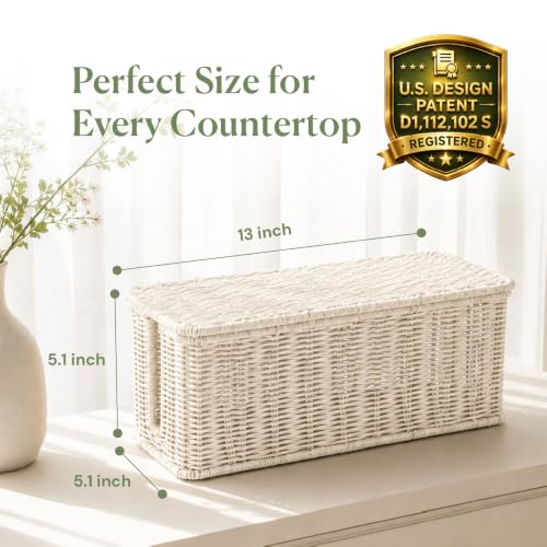 Cable Management Box, Handmade Rattan Cable Organizer with 2 Open Slots, Cord Hider for Power Strip, Router & USB Hub, Registered U.S. Design Patent (D1,112,102), 13" x 5.1" x 5.1", White - color: White, style: Rectangle
