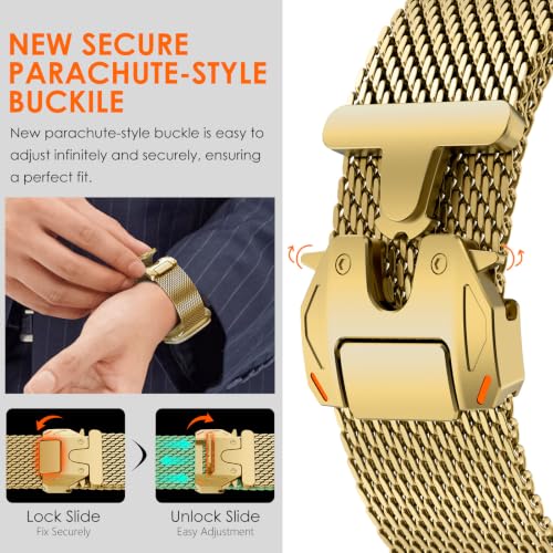WINGLE Milanese Loop for Apple Watch Band Ultra 3/2/1 Band Ultra 49mm Series 11 10 46mm 45mm 44mm SE 3/2/1 Series 9 8 7 6 5 4 3 Men Women,Parachute-Style Buckle Stainless Steel Mesh Metal iWatch Bands - color: Gold