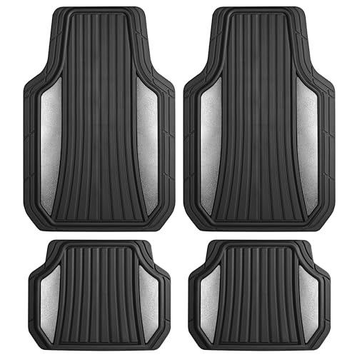 Motor Trend ChromeTech Car Floor Mats Full Set - Durable Rubber Floor Mats for Cars with Two Tone Accent, All Weather Interior Protection for Front and Rear with Non-Slip Backing, Silver Chrome - color: Black & Silver Chrome