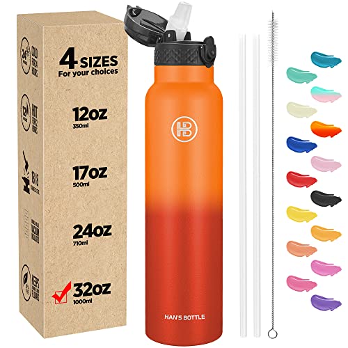 Han's Bottle Sports Water Bottle - 32 Oz, Straw Lid, Leak Proof, Vacuum Insulated Stainless Steel, Double Walled, Thermo Mug,Fire - color: Fire, size: 32 Ounces