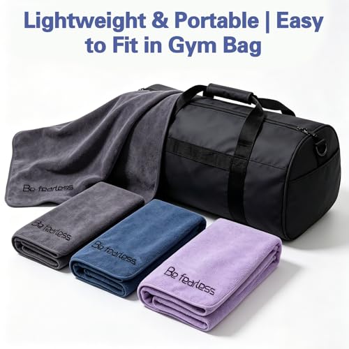 BOBOR Gym Towels for Men and Women, 3 Pack 15 x 30 Inch Microfiber Workout Towels, 400 GSM Quick Dry Sweat Towels with Center Hanging Loop, Soft Absorbent Sports Towels for Yoga, Running, Swimming - color: 1blue+1purple+1gray, size: 15" x 30"