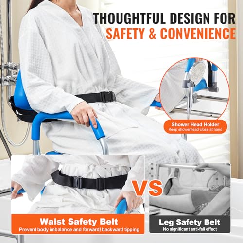 VEVOR Sliding Tub Transfer Bench with 360 Degree Swivel Seat, Sliding Shower Chair with Pivoting Armrest & Padded Seat and Safety Belt, Height Adjustable Bath Chair for Elderly Disabled, 330LBS