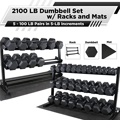 WF Athletic Supply Rubber Coated Hex Dumbbell Set, Multiple Choices Available - Dumbbells with Rack Stand and Mat, or Dumbbells Only (200/550/1200/2100/3000 LB) - color: i. 5 - 100LB w/ 3-tier BLUE Rack and Mat