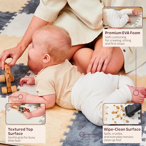 Puzzle Play Mat for Floor - 16 Snap-Together Interlocking Tiles (11.8 x 11.8 x 0.4 in Each, 47 x 47 in Total) for Kids Playroom & Home Floor Play, Edge Borders Included, White Tan Gray