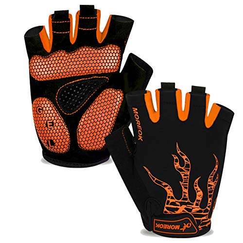 MOREOK Cycling Gloves Bike Bicycle Gloves, Half Finger 5MM Gel Anti-Slip | Biking Gloves for Men Women Gym workout exercise Motorcycle Hiking Rowing Outdoor Sports - color: Orange, size: Small