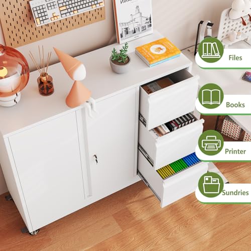 Mobile Large Lateral File Cabinet 3-Drawer,Home Office Rolling Filing Storage Cabinets with Lock & Wheels,Metal Printer Stand Office Storage A4,Letter Legal File Folders - color: White, size: 3Draws