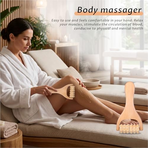 Telooco 2Pcs Wooden Massage Roller, Handheld Wood Massage Tools - Wood Roller for Back Leg Foot Muscle Relief