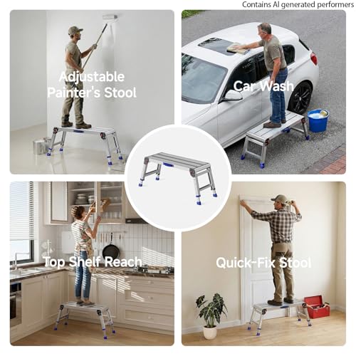 Loyoda Folding Work Platform for Adults, Portable Aluminum Step Stool 800lb | 14"-19.5" Adjustable Height, 12" x 31.5" Wide Platform for Garage, Painting, Reach High Shelves, Gardening, Car Wash - size: Large