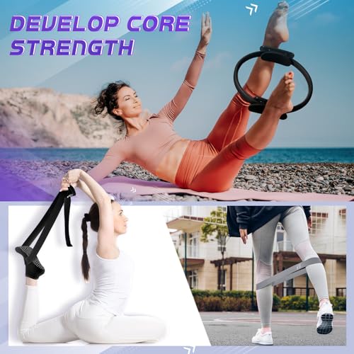 Poen 18 Pcs Home Pilates Kit for Women Pilates Ball and Ring Circle Set Yoga Fitness Essential with 5 Resistance Band Stretching Strap Non Slip Sock Ball Core Slider Wristband Headband Gym Bag - color: Black